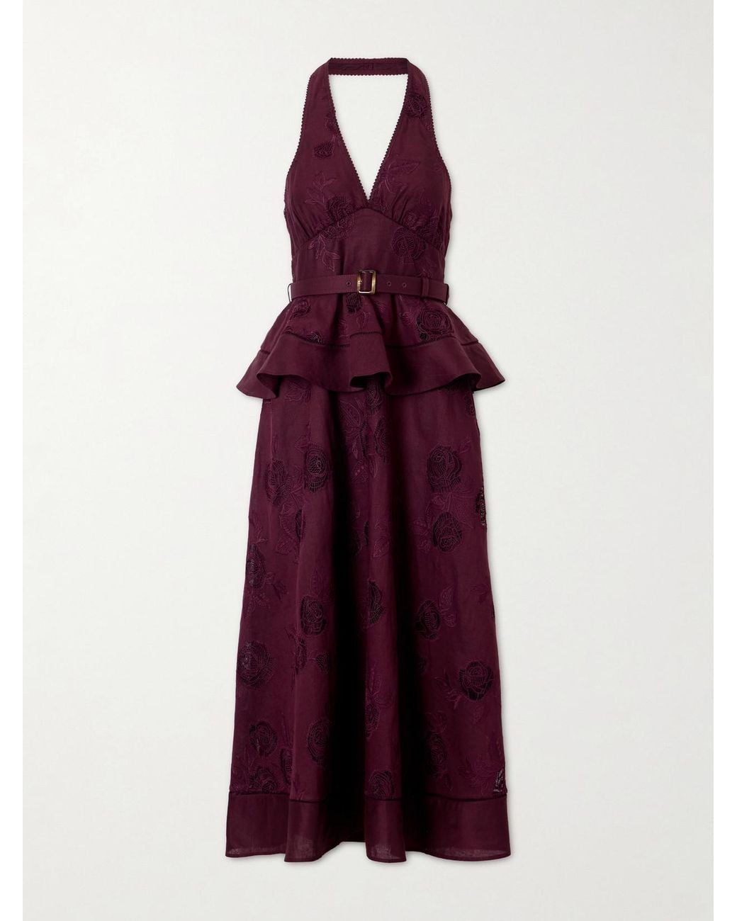 Self-Portrait Purple Belted Broderie Anglaise-Trimmed Linen And Cotton-Blend Peplum Midi Dress