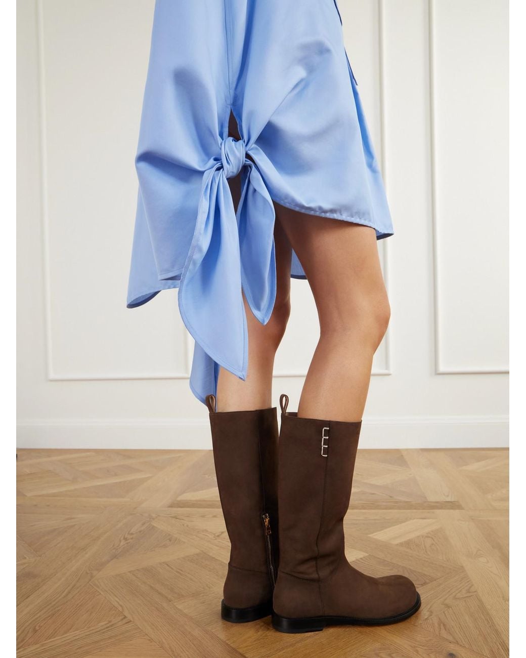 J.W. Anderson Blue Tie-Detailed Logo-Embroidered Cotton And Silk-Blend Poplin Mini Dress