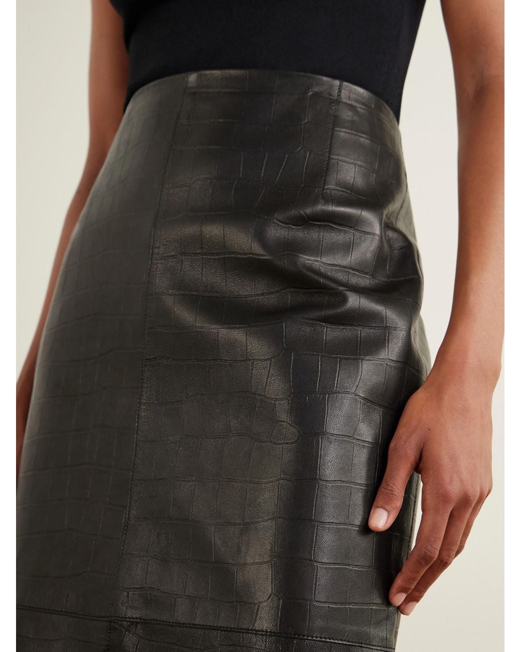 Nour Hammour Black Elyse Paneled Croc-Effect Leather Midi Skirt
