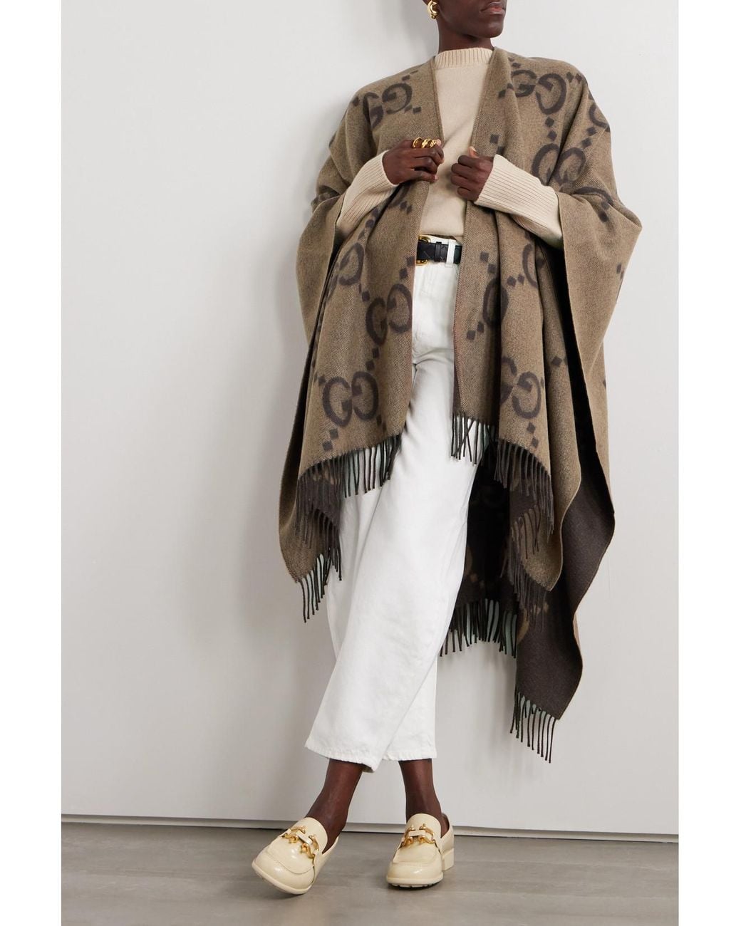 Gucci Brown Reversible Fringed Jacquard-Knit Cashmere Wrap