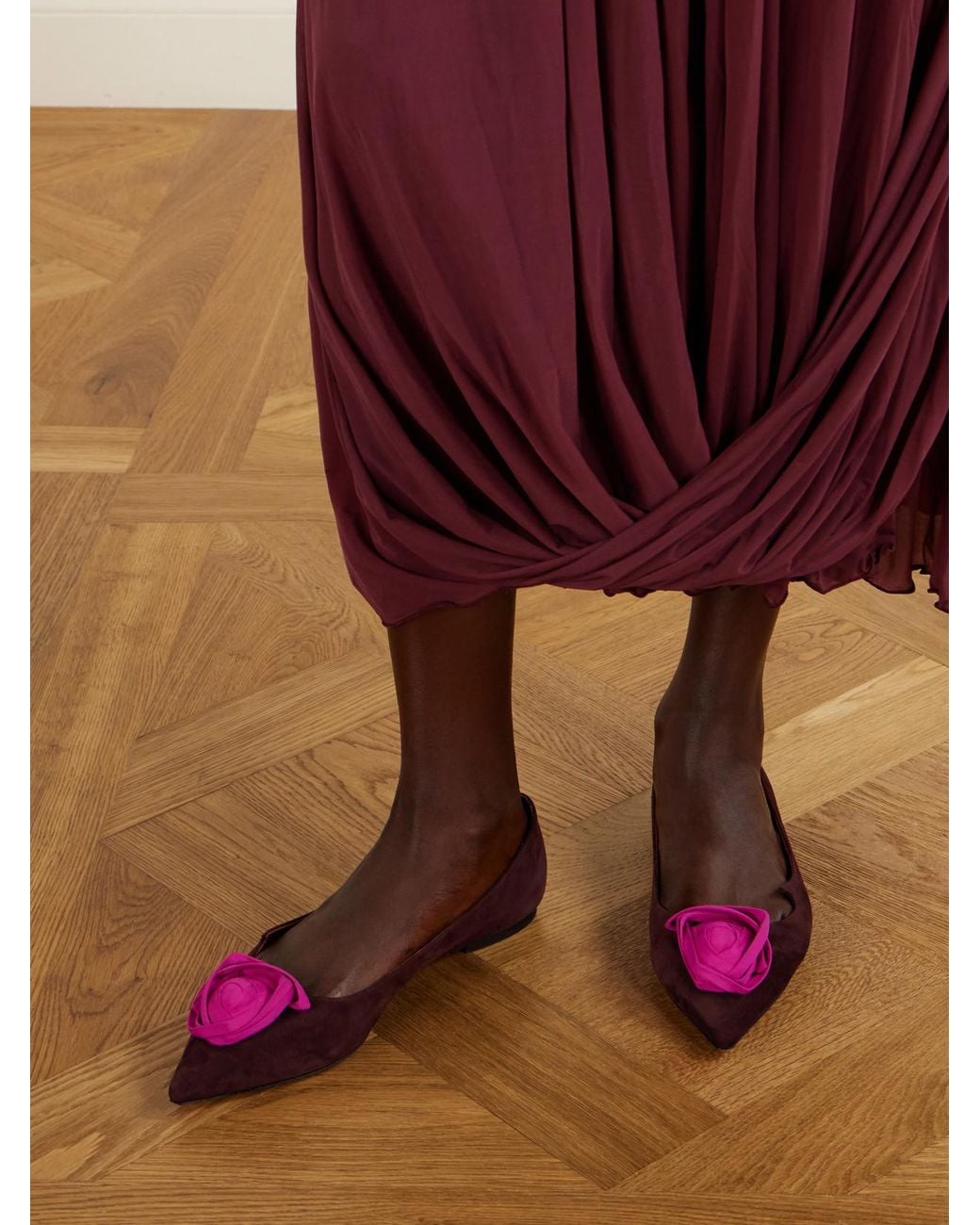 Roger Vivier Purple Rose Ball Embellished Suede Ballet Flats