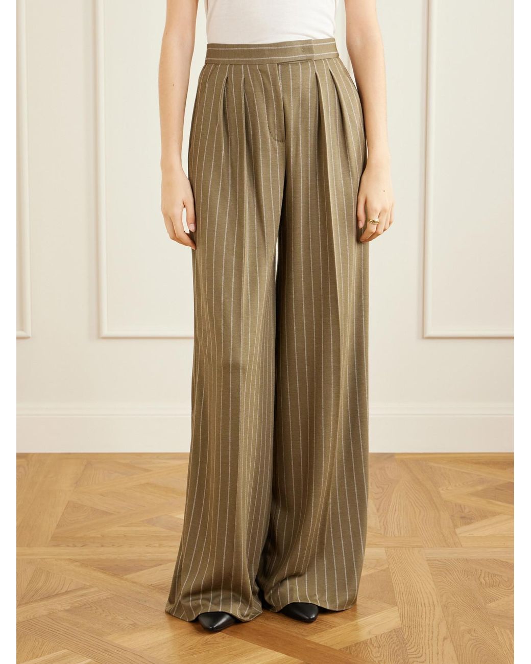 Max Mara Natural Rio Striped Pleated Jersey Wide-Leg Pants
