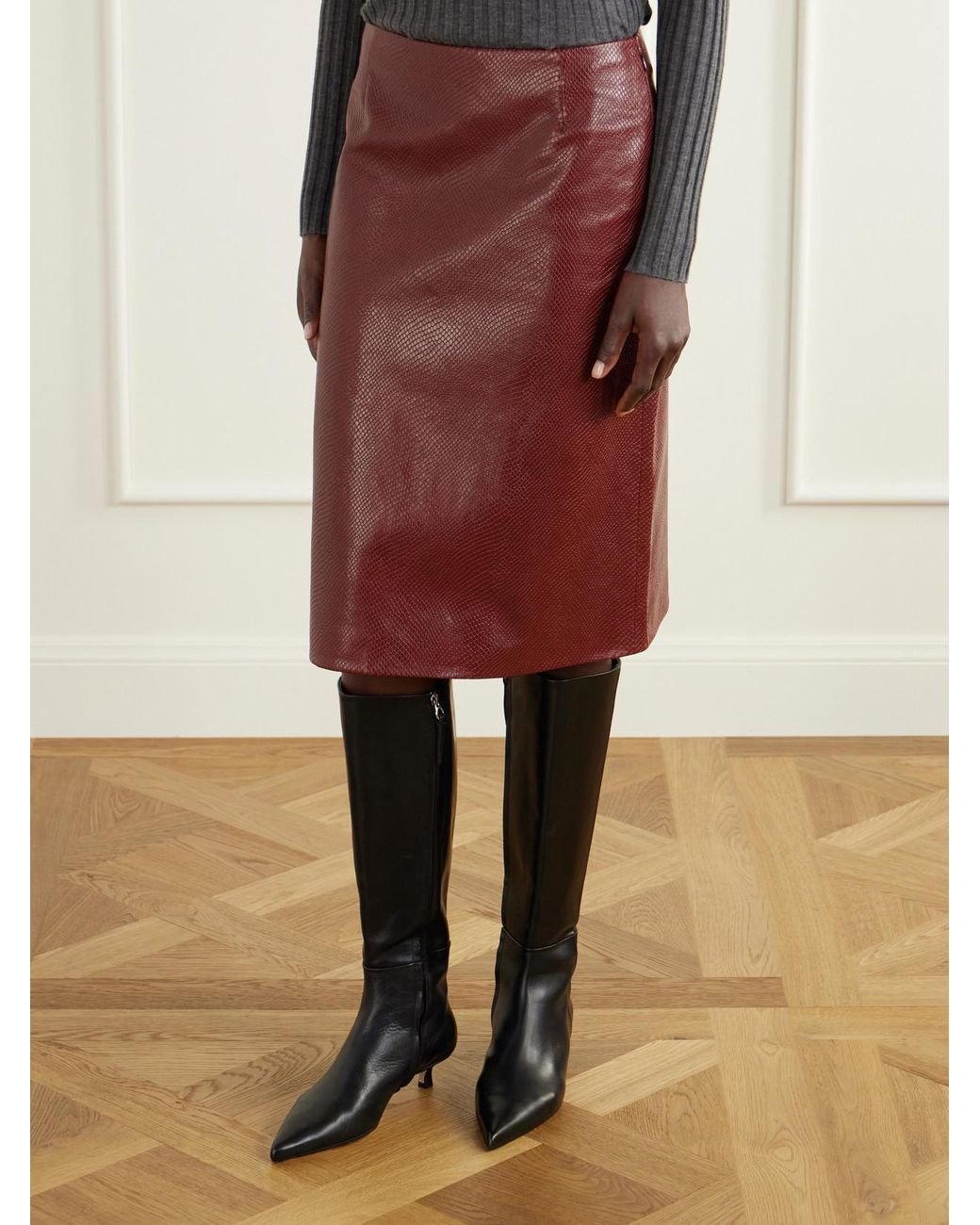Veronica de Piante Purple Noelia Snake-Effect Leather Midi Skirt