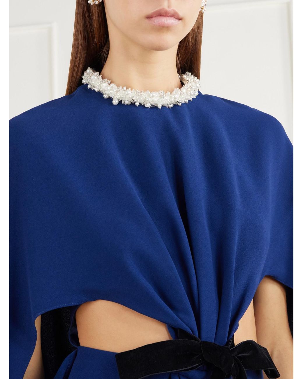 Jonathan Simkhai Blue Annette Cape-Effect Bead-Embellished Gathered Velvet-Trimmed Crepe Gown