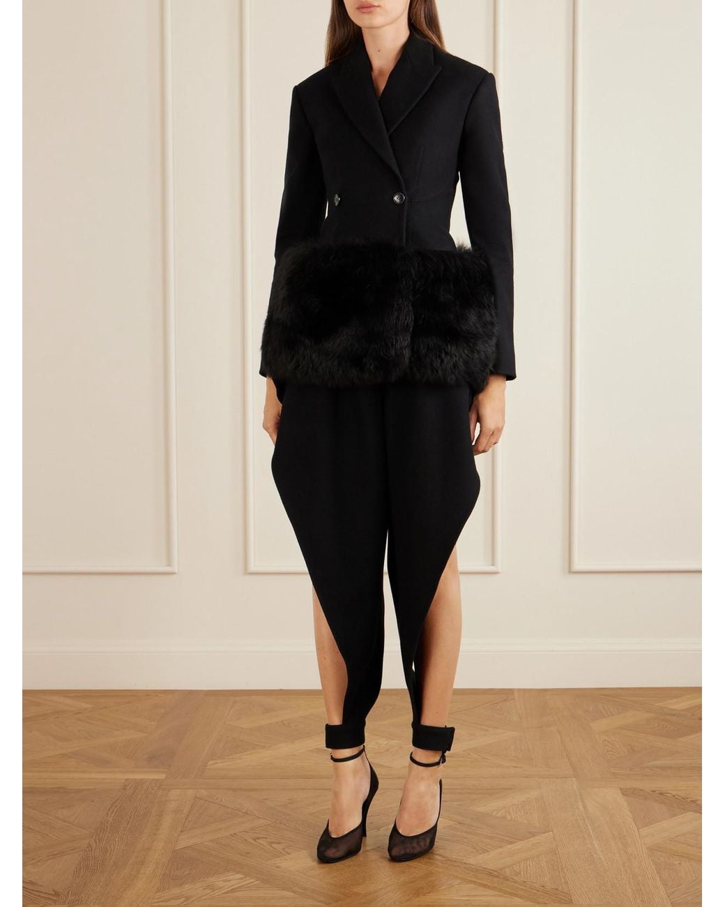 Alaïa Blue Double-Breasted Shearling-Trimmed Wool Blazer