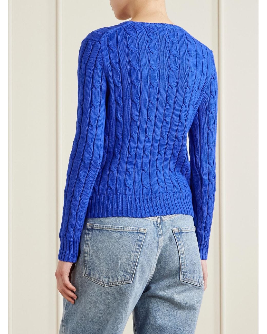 Polo Ralph Lauren Blue Embroidered Cable-Knit Cotton Sweater