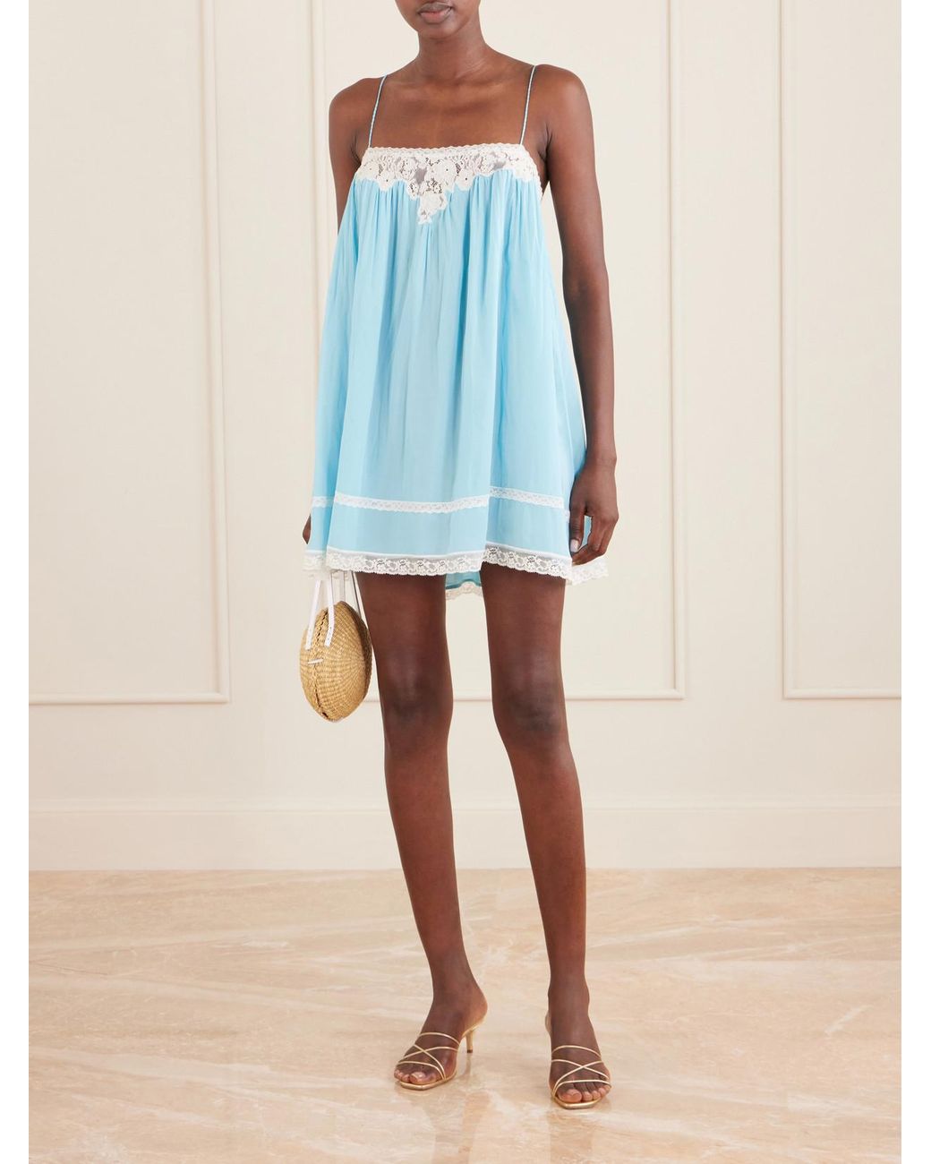 Doen Blue Clemente Lace-Trimmed Silk Mini Dress