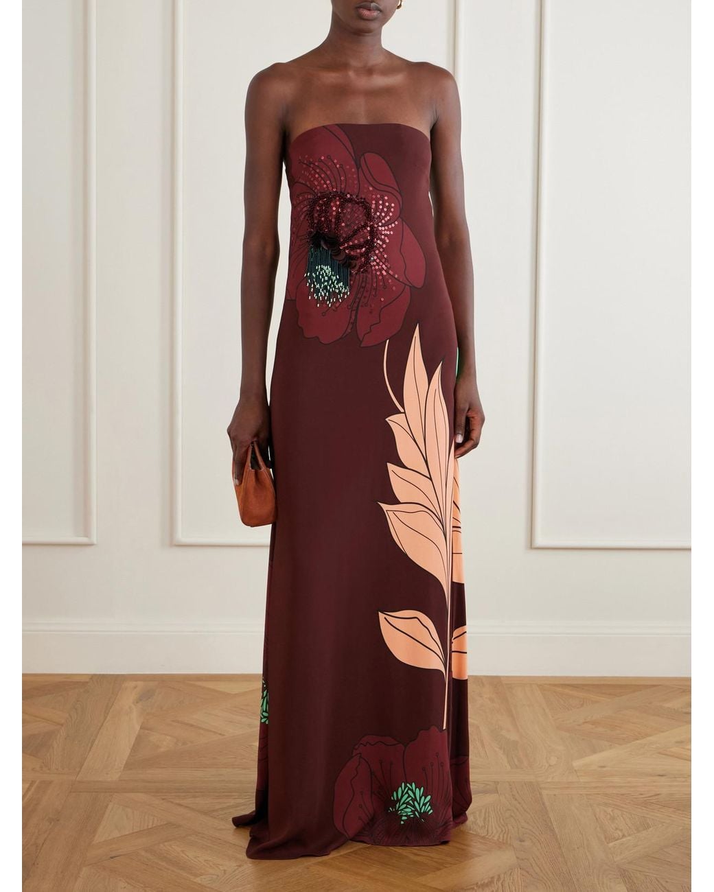 Johanna Ortiz Purple Petals Embellished Printed Crepe Maxi Dress