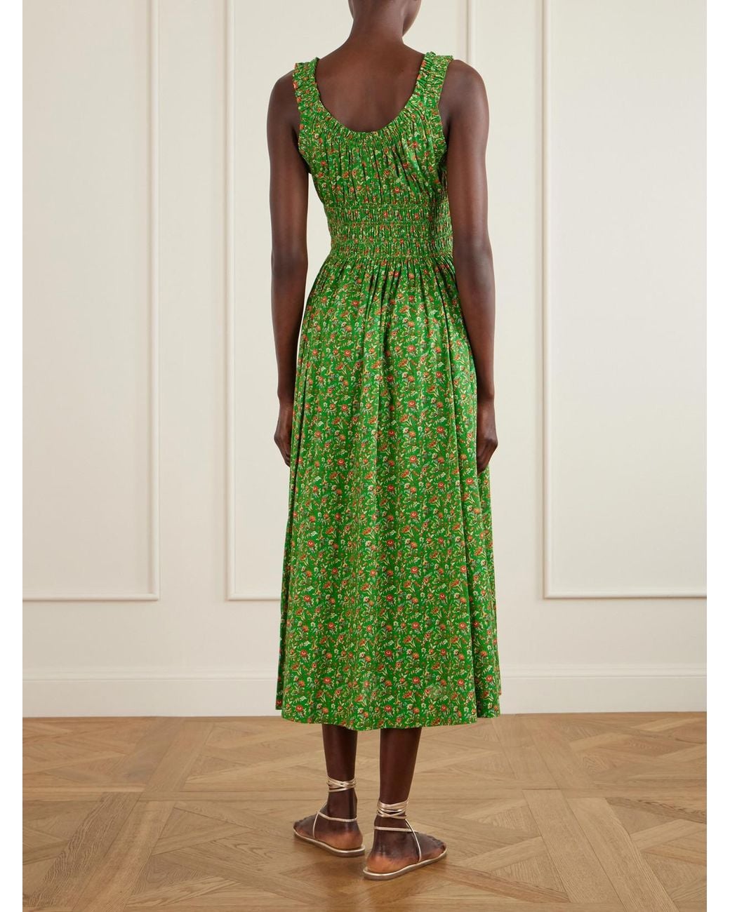 Doen Green Emmaretta Shirred Floral-Print Organic Cotton Midi Dress
