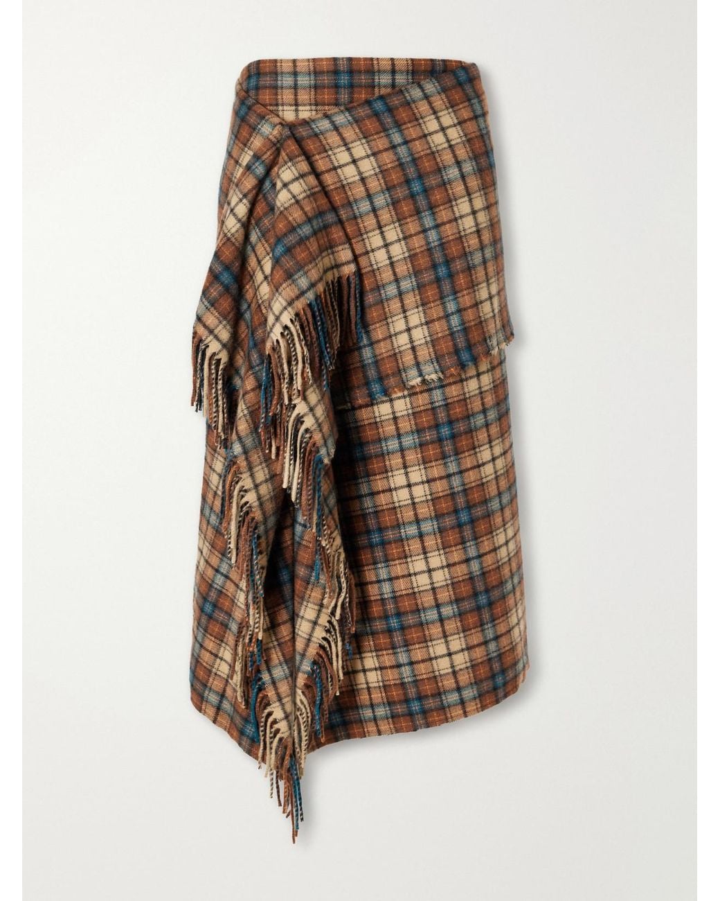 Auralee Multicolor Asymmetric Fringed Checked Cashmere Wrap Midi Skirt