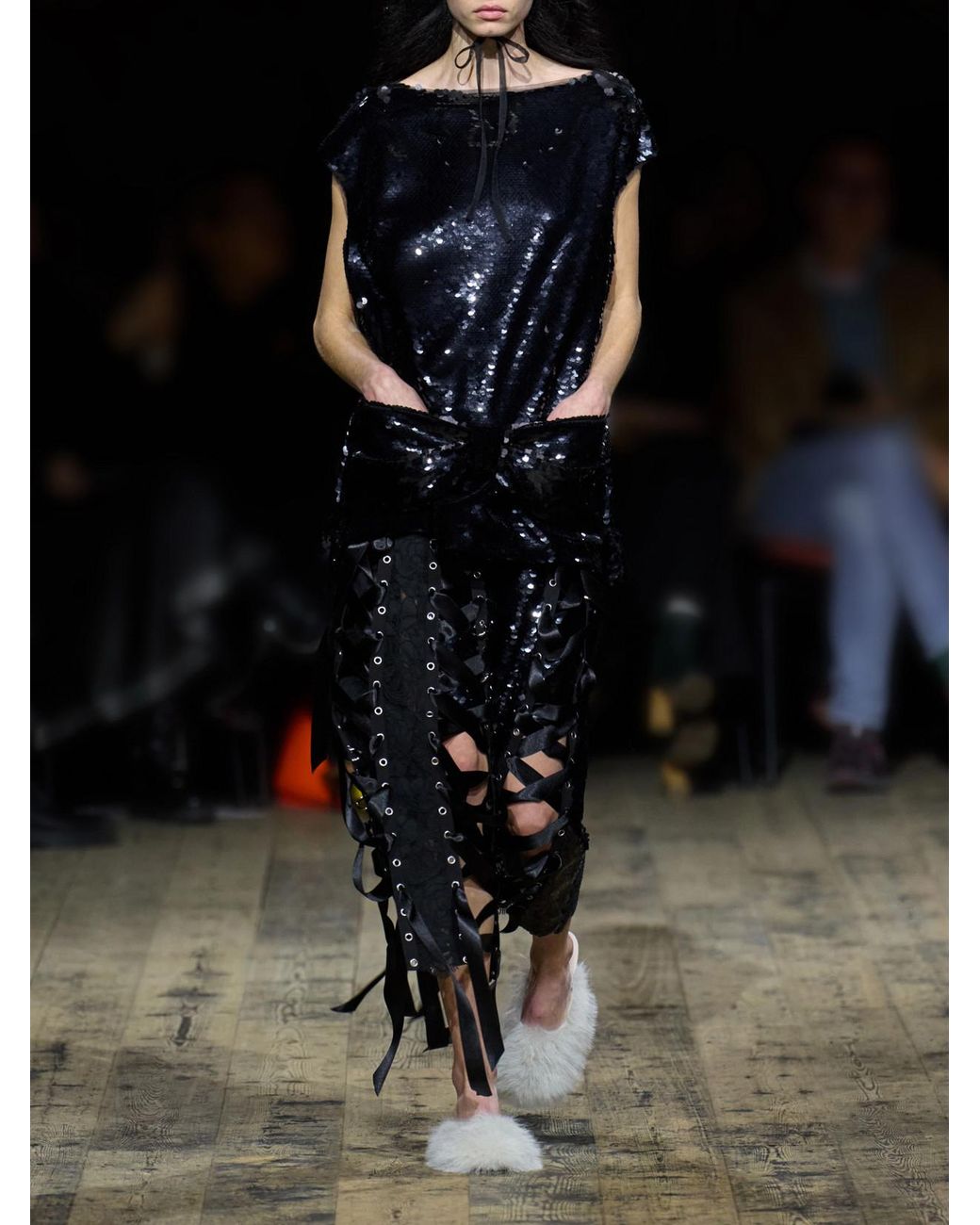 Simone Rocha Black Bow-Detail Sequin-Embellished Mesh Blouse