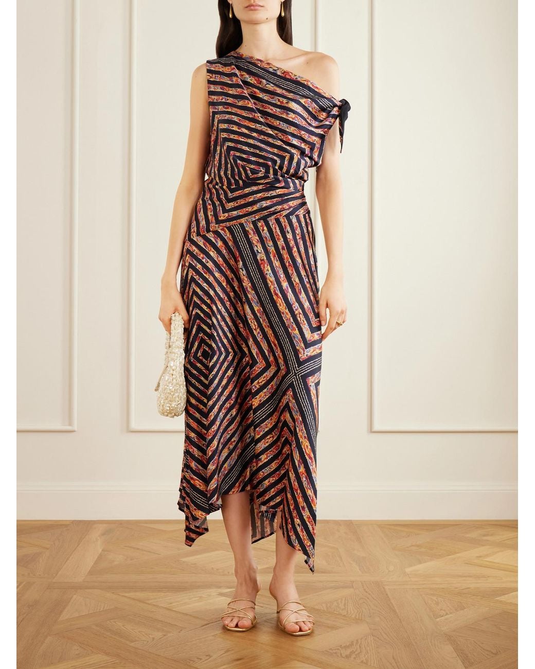 Staud White Portia Ruched Printed Silk-Blend Midi Dress