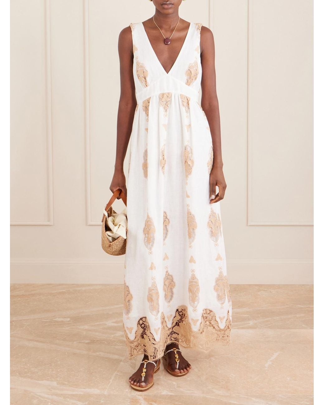 Miguelina Natural Jenny Broderie Anglaise Linen Maxi Dress