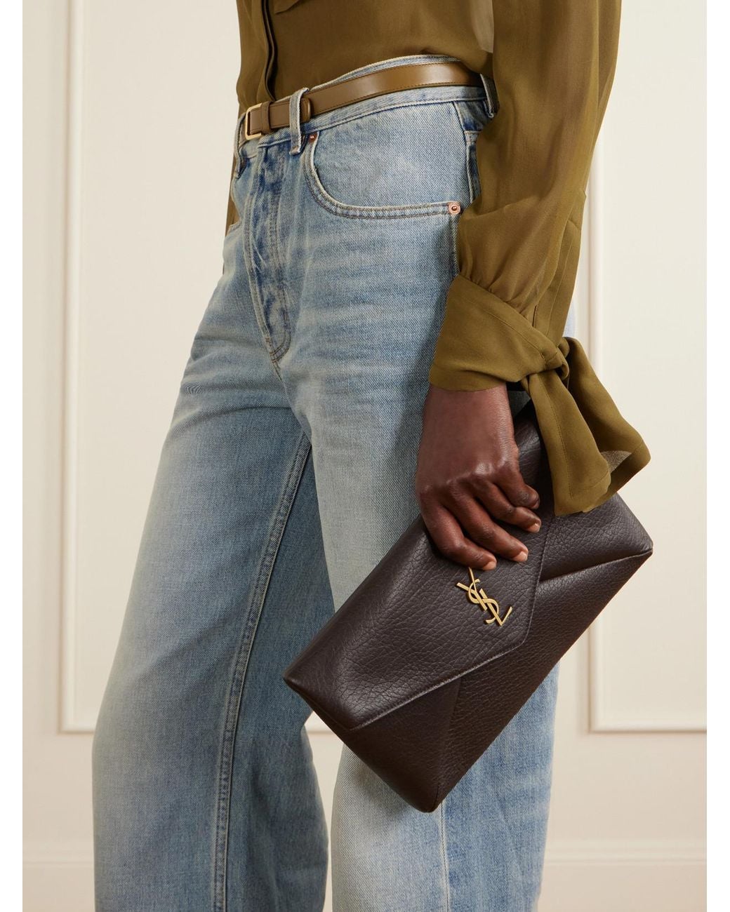Saint Laurent Gray Cassandre Large Textured-Leather Clutch