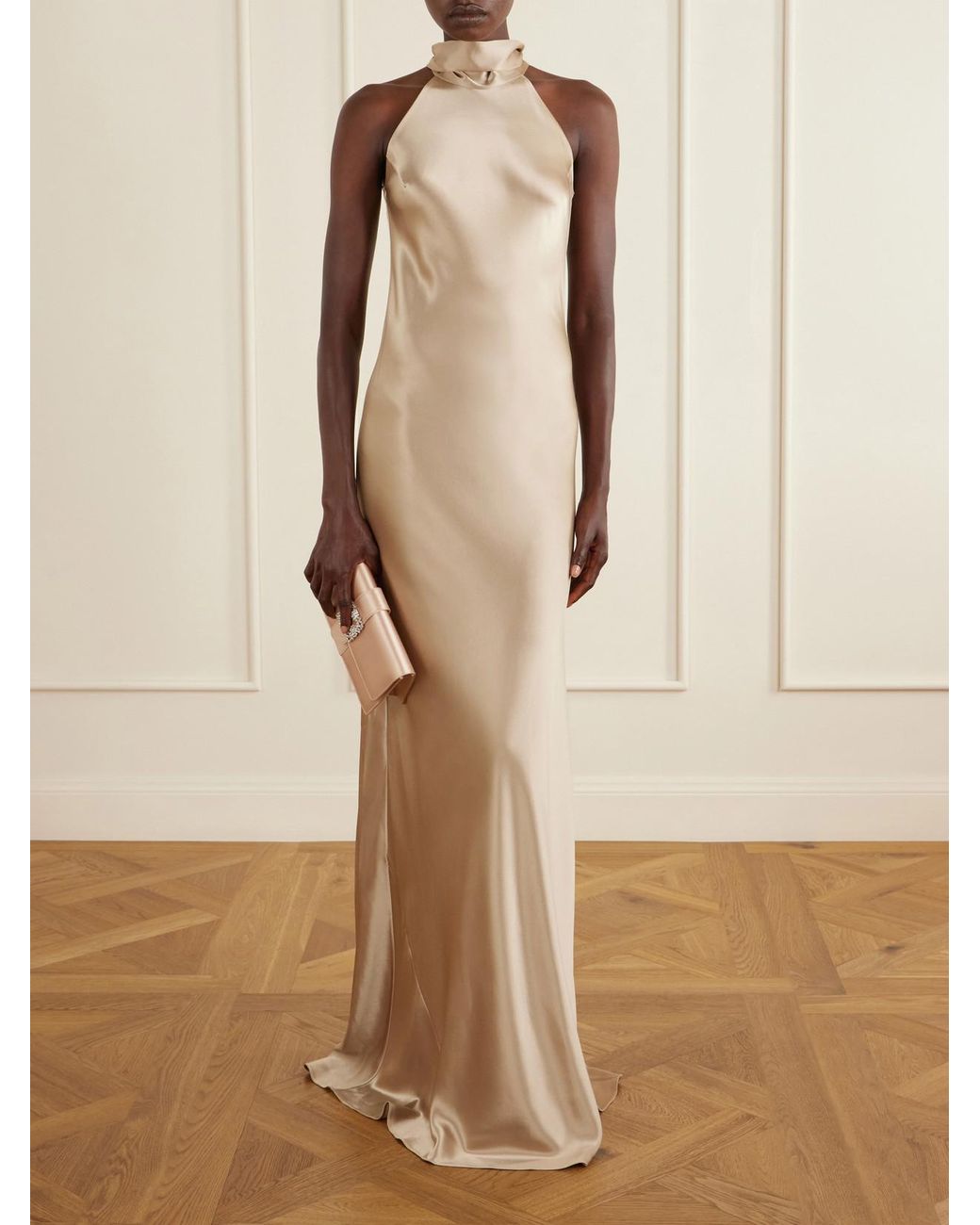 Galvan Natural Sienna Satin Halterneck Gown
