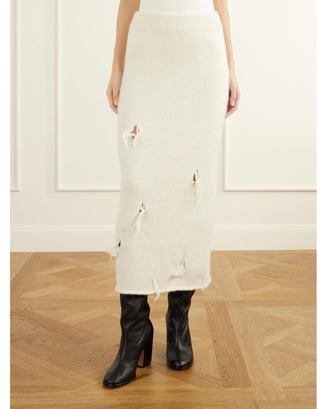 Lauren Manoogian White Ravel Distressed Wool-Blend Midi Skirt