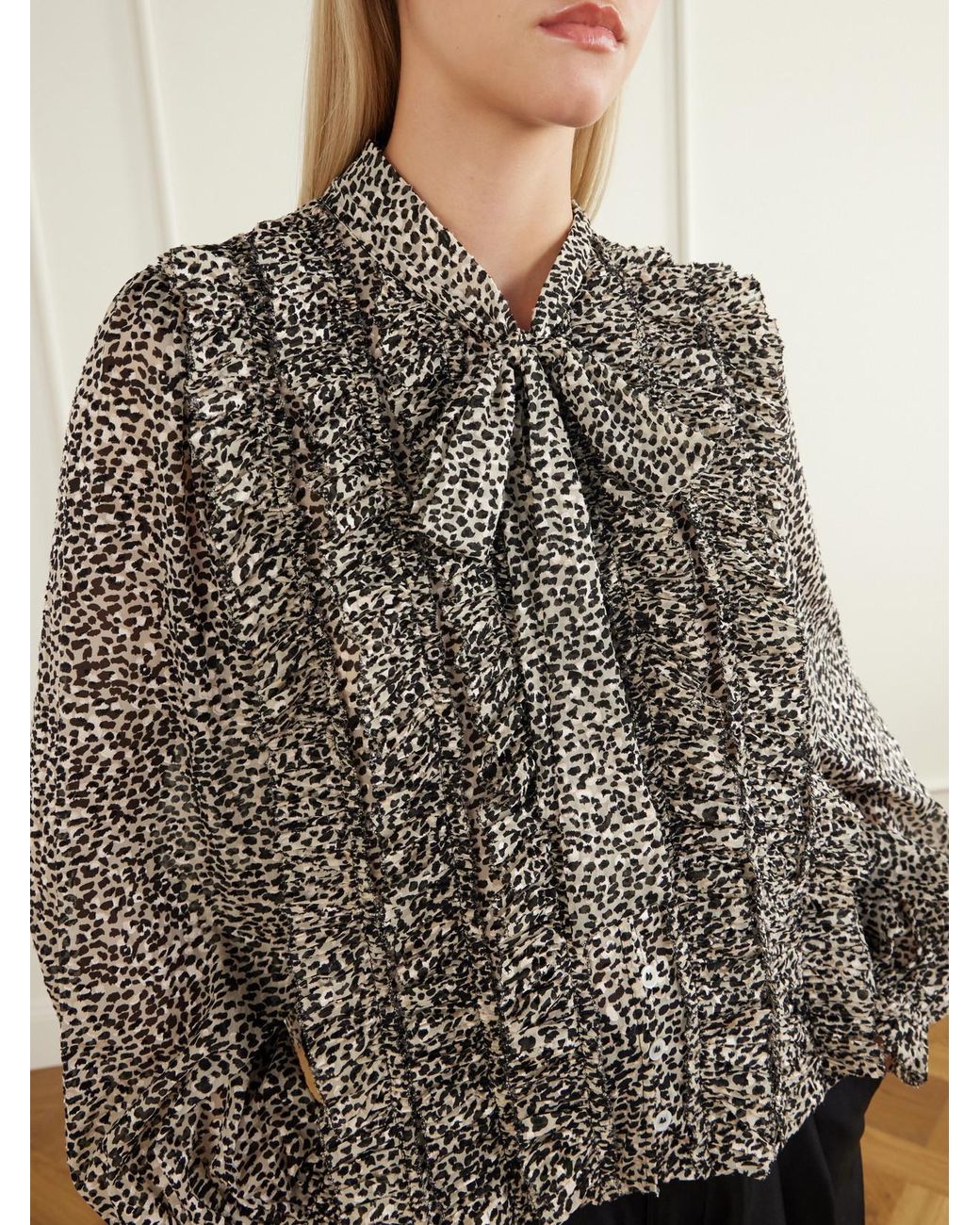 Sea Black Charlize Tie-Detailed Ruffled Animal-Print Chiffon Blouse