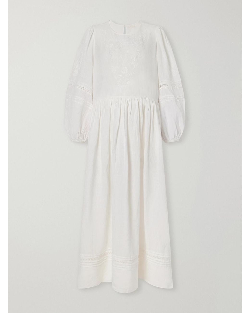 SKALL White Velina Gathered Floral-Embroidered Lace-Trimmed Linen Midi Dress