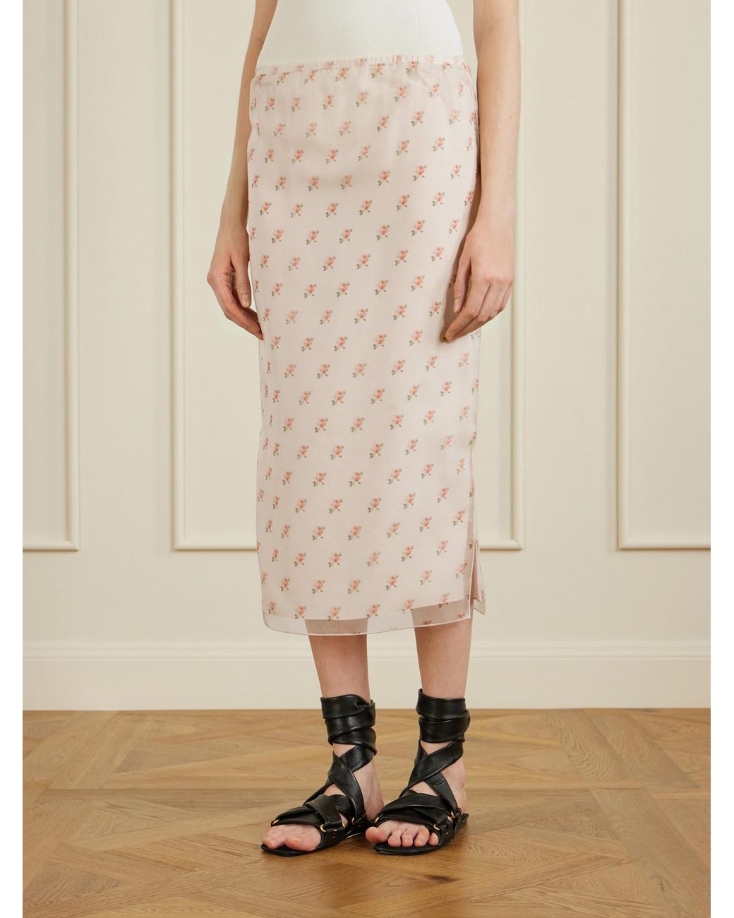 Khaite Natural Sydni Floral-Print Silk-Organza Midi Skirt