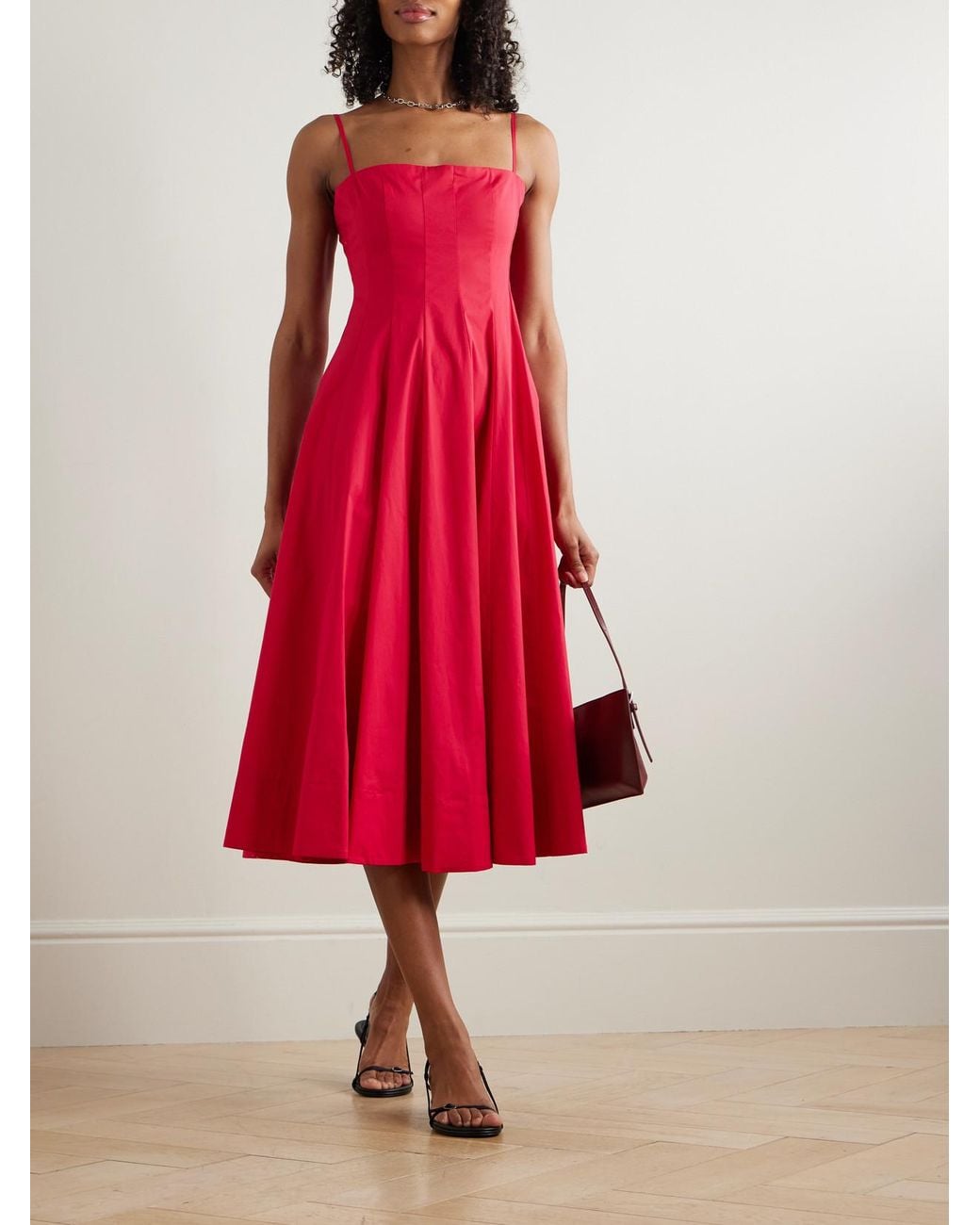 Staud Red Wylie Paneled Cotton-Blend Poplin Midi Dress