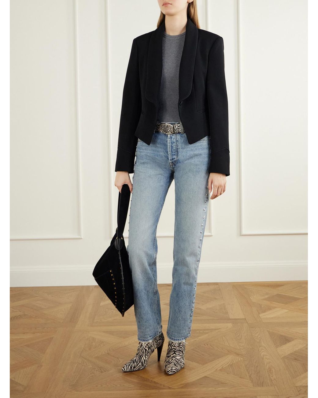 Isabel Marant Blue Pialena Cropped Satin-Trimmed Wool-Twill Blazer