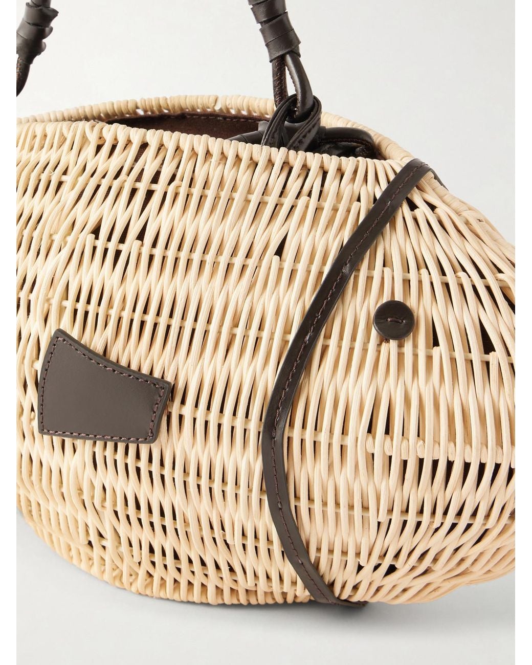 Staud Natural Cleo Fish Mini Leather-Trimmed Raffia Tote