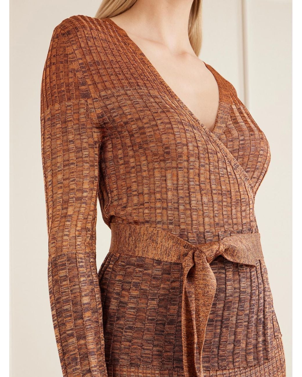 Zimmermann Brown Mouline Belted Ribbed-Knit Wrap Top