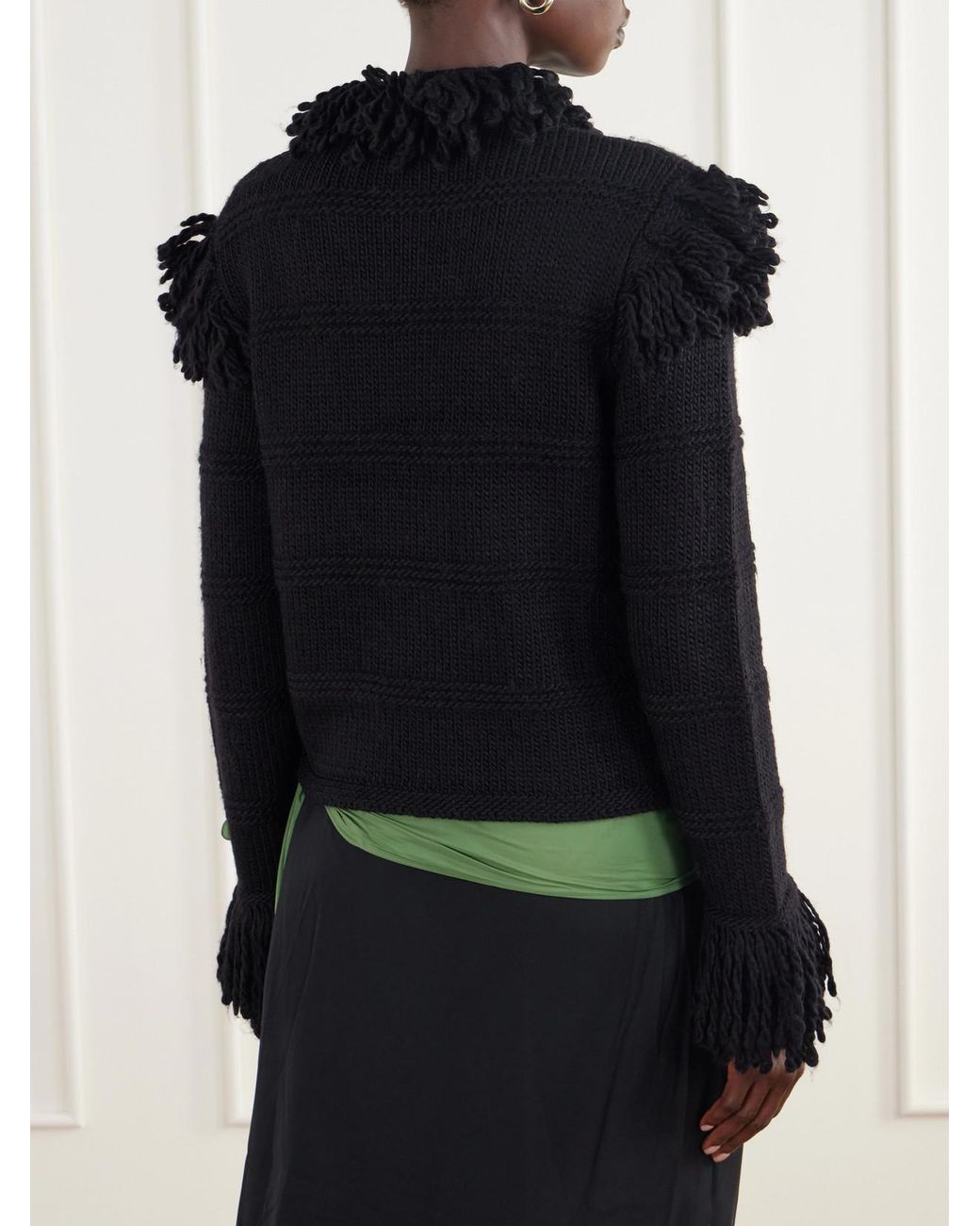 Polo Ralph Lauren Black Fringed Cable-Knit Wool Cardigan