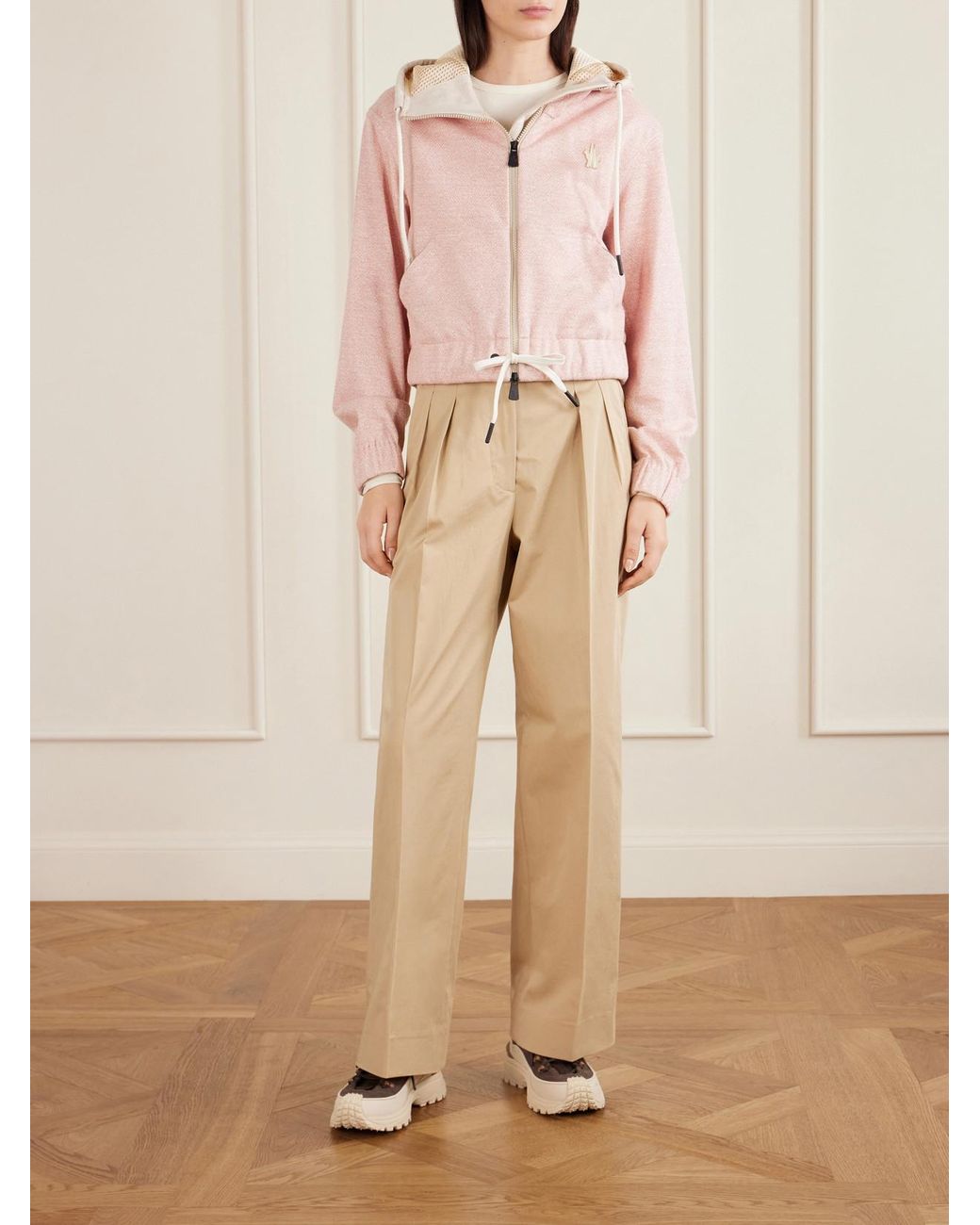 Moncler Pink Appliquéd Canvas-Trimmed Linen And Cotton-Blend Zip-Up Hoodie