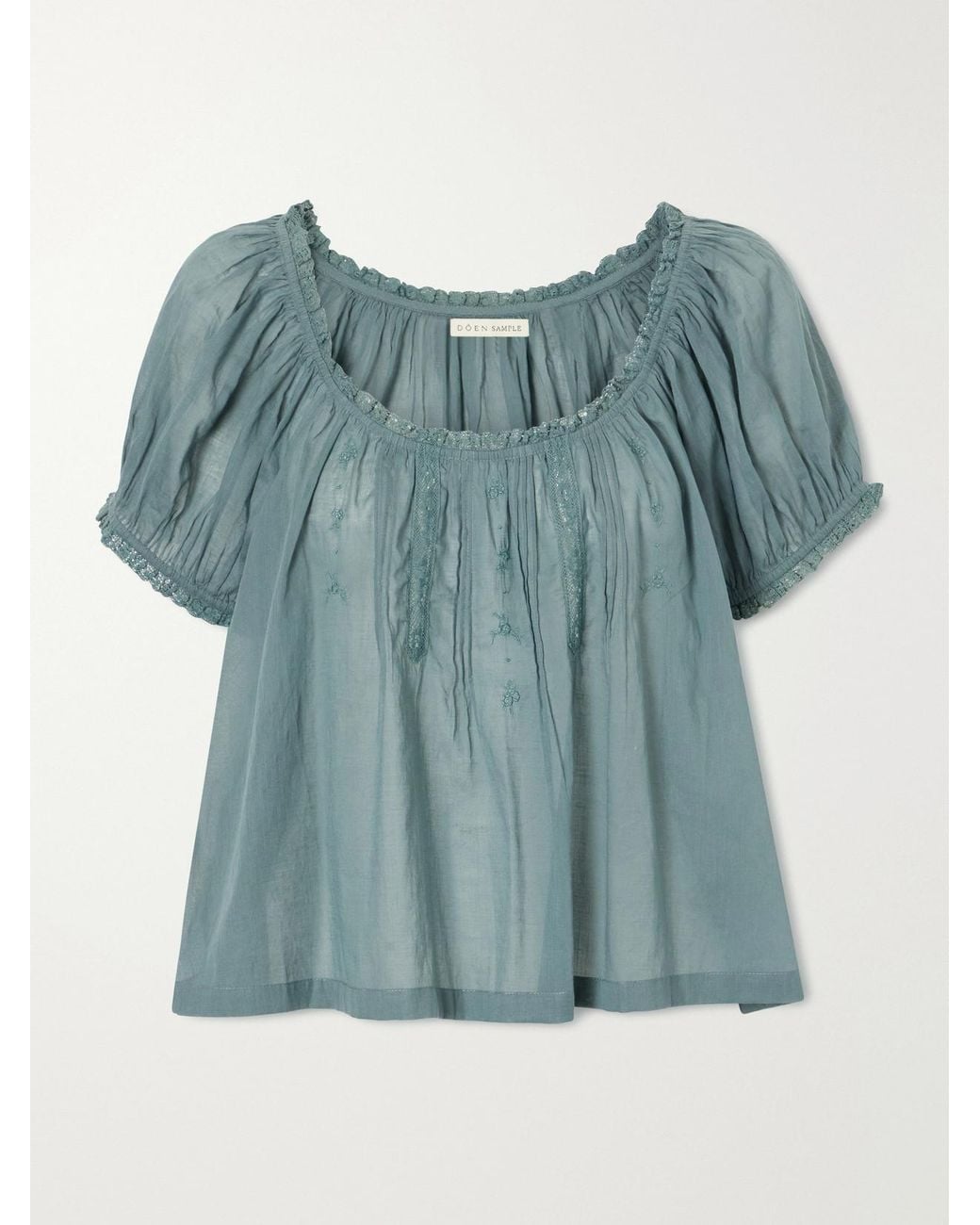 Doen Blue Frederica Lace-Trimmed Organic Cotton-Voile Blouse