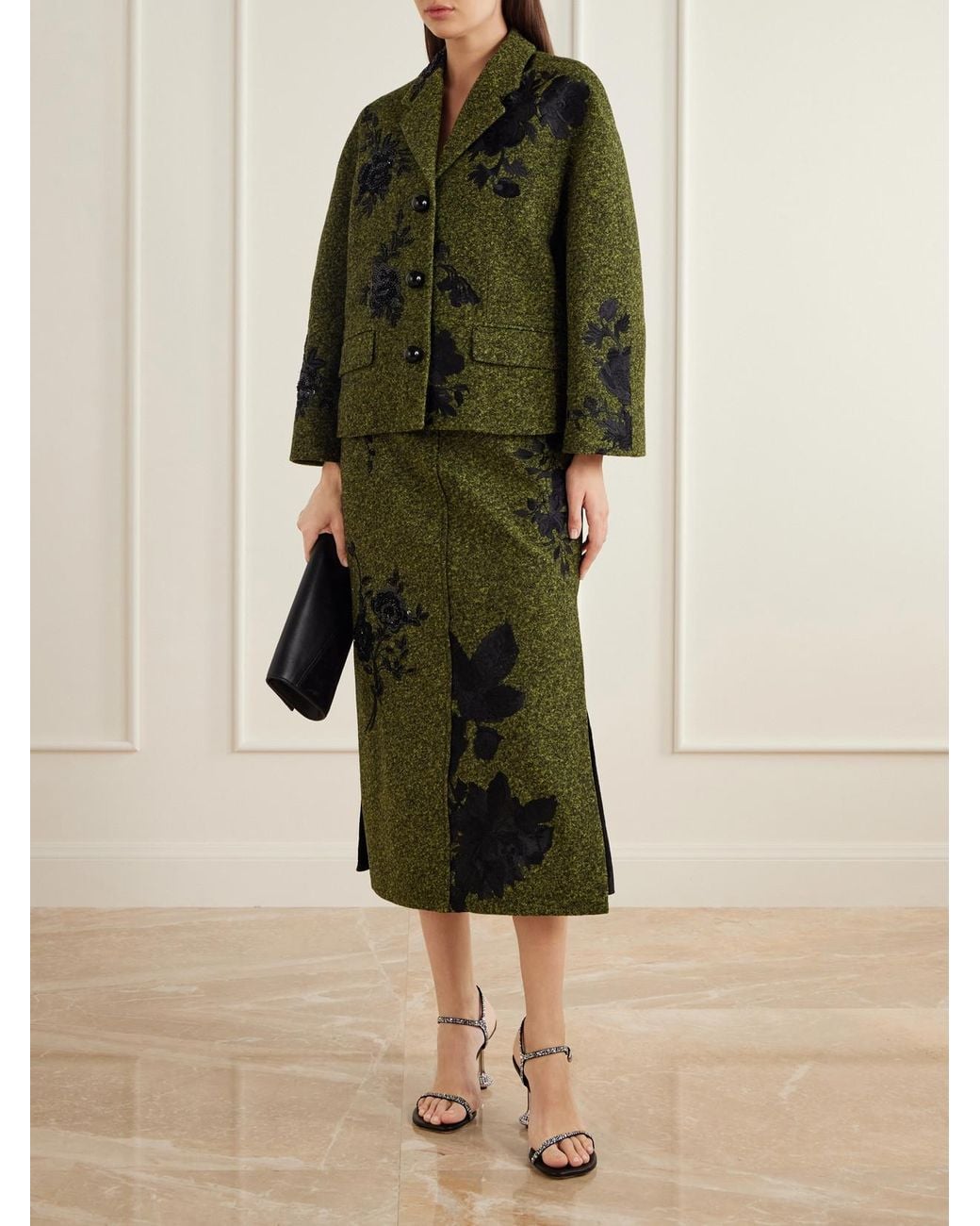 Erdem Green Embellished Floral-Embroidered Pleated Satin And Twill Midi Skirt