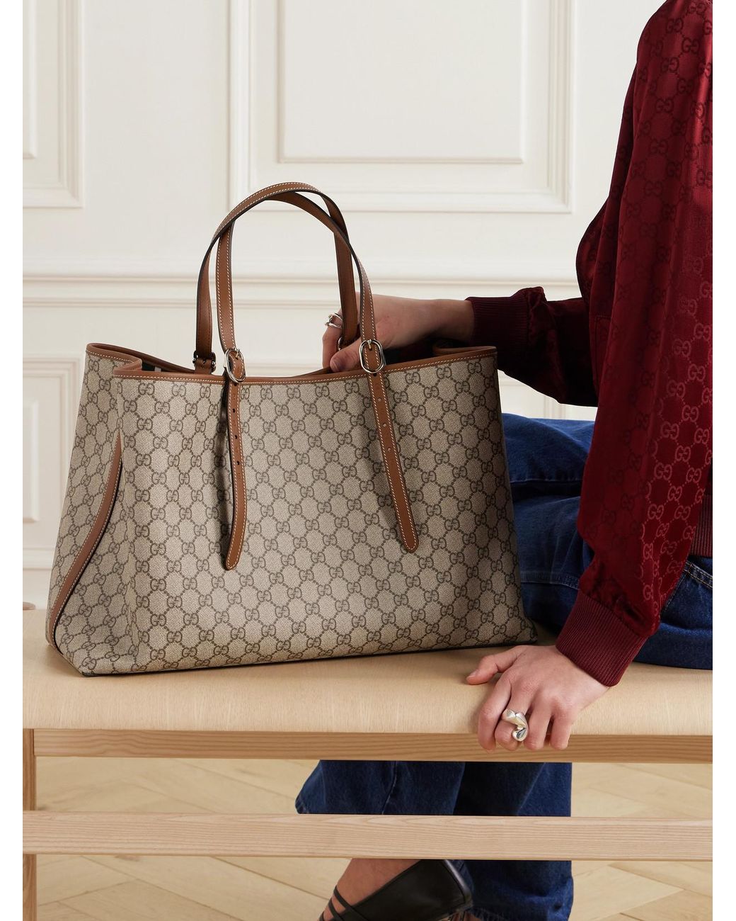 Gucci Natural Gg Emblem Leather-Trimmed Coated Canvas-Jacquard Tote