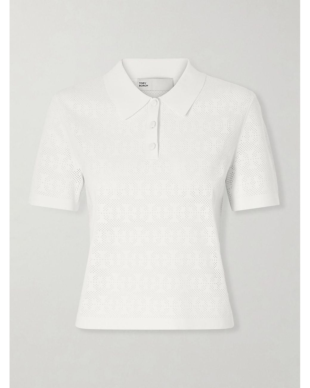 Tory Burch White Pointelle-Knit Polo Shirt