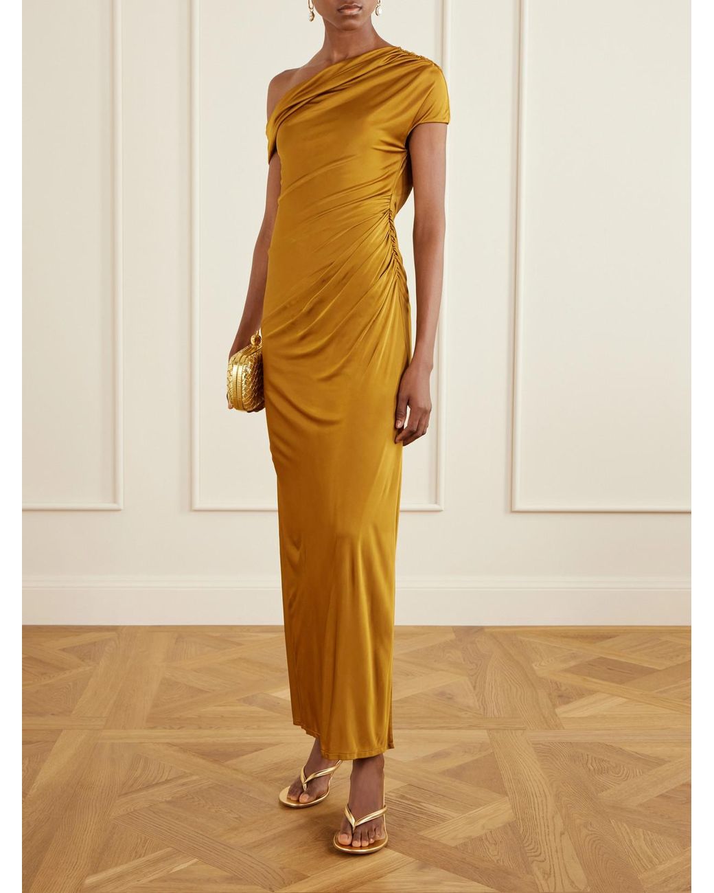 Galvan Metallic Off-The-Shoulder Draped Satin-Jersey Maxi Dress