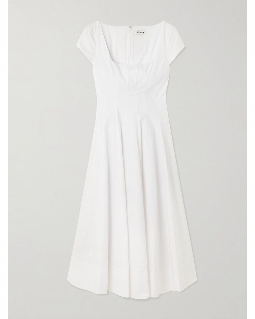 Staud White Wells Pleated Cotton-Blend Poplin Midi Dress