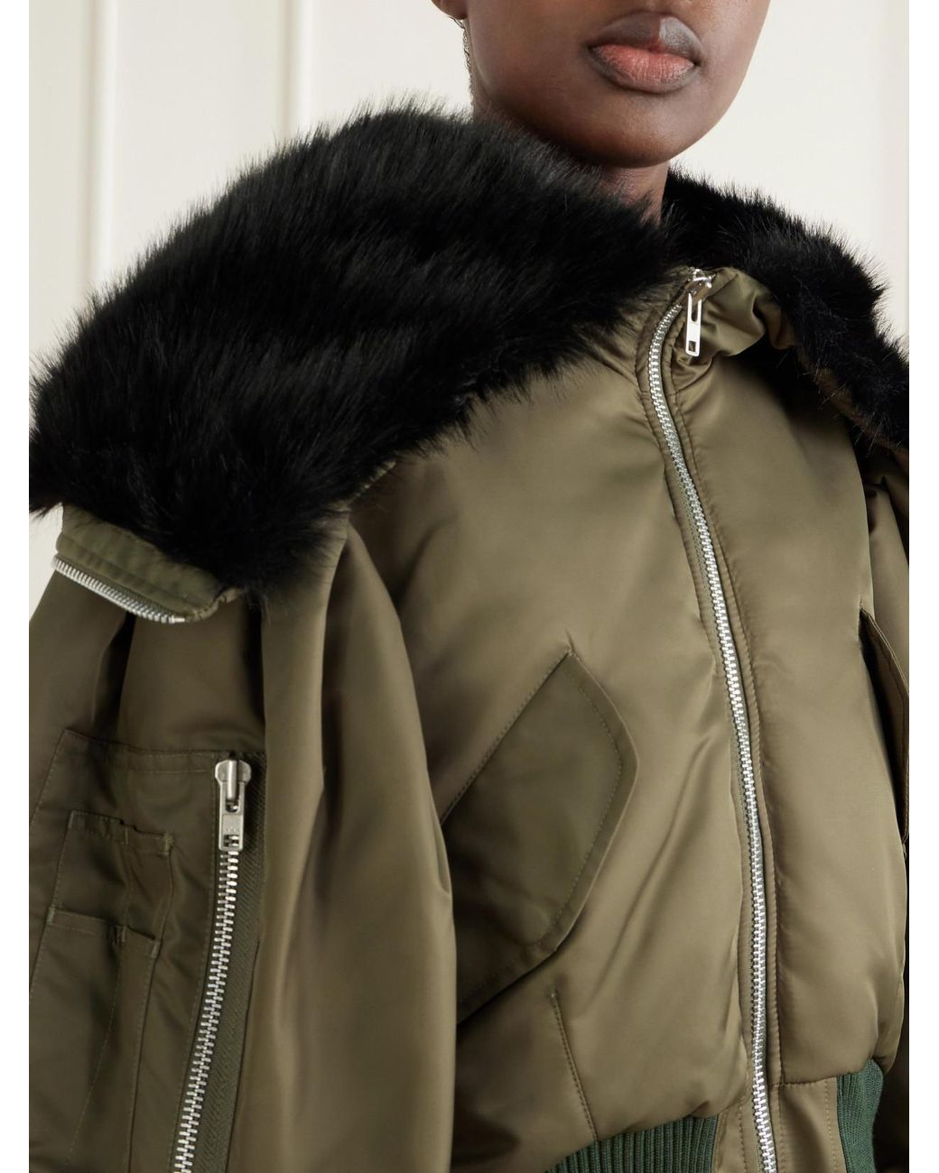 Simone Rocha Green Hooded Cropped Plush-Trimmed Shell Bomber Jacket