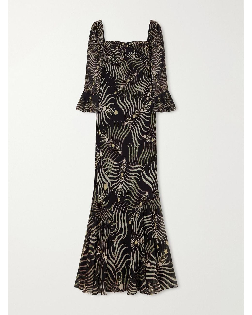 Saloni Black Willa Printed Silk-Chiffon Gown