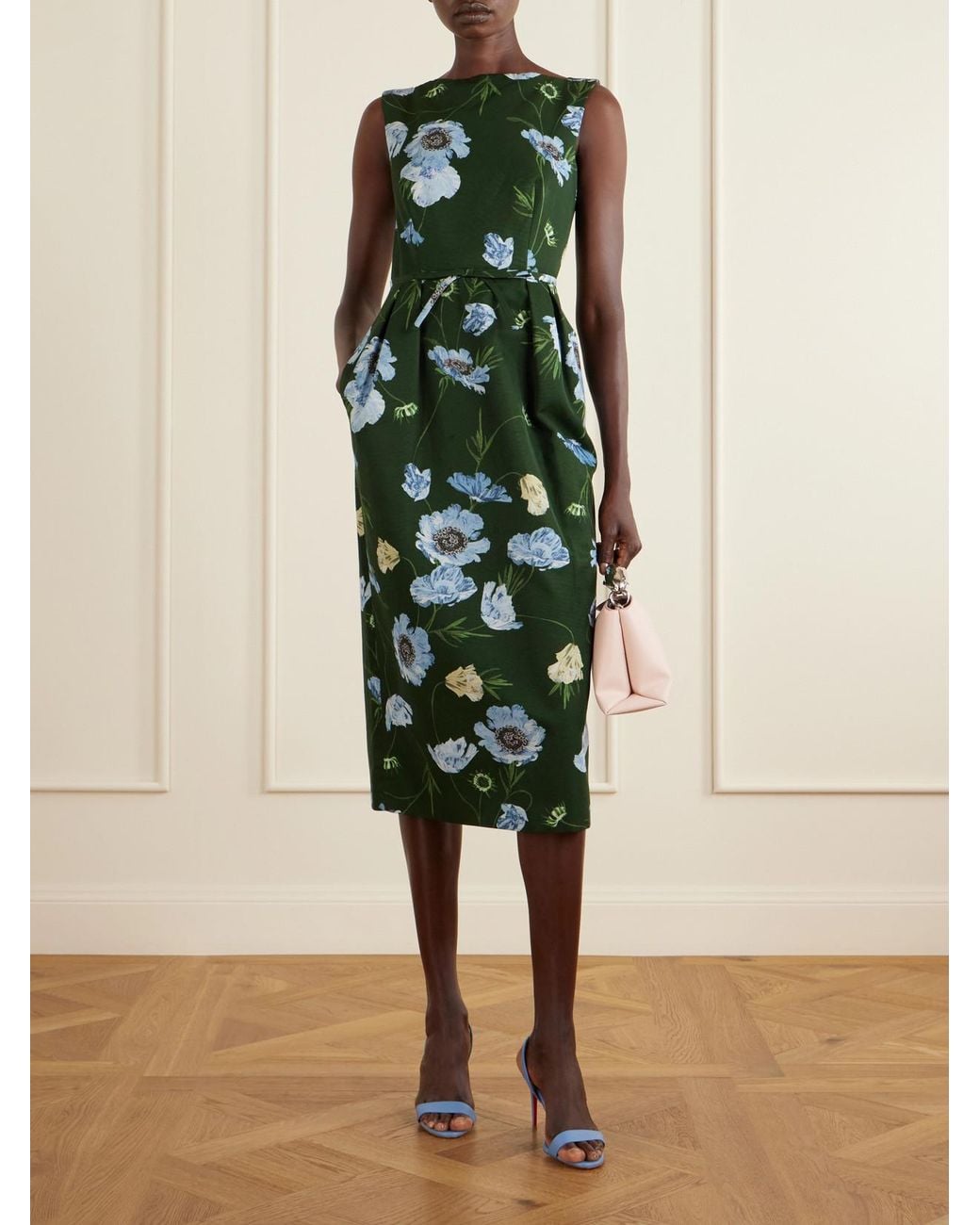 Erdem Green Floral-Printed Cotton-Blend Faille Midi Dress