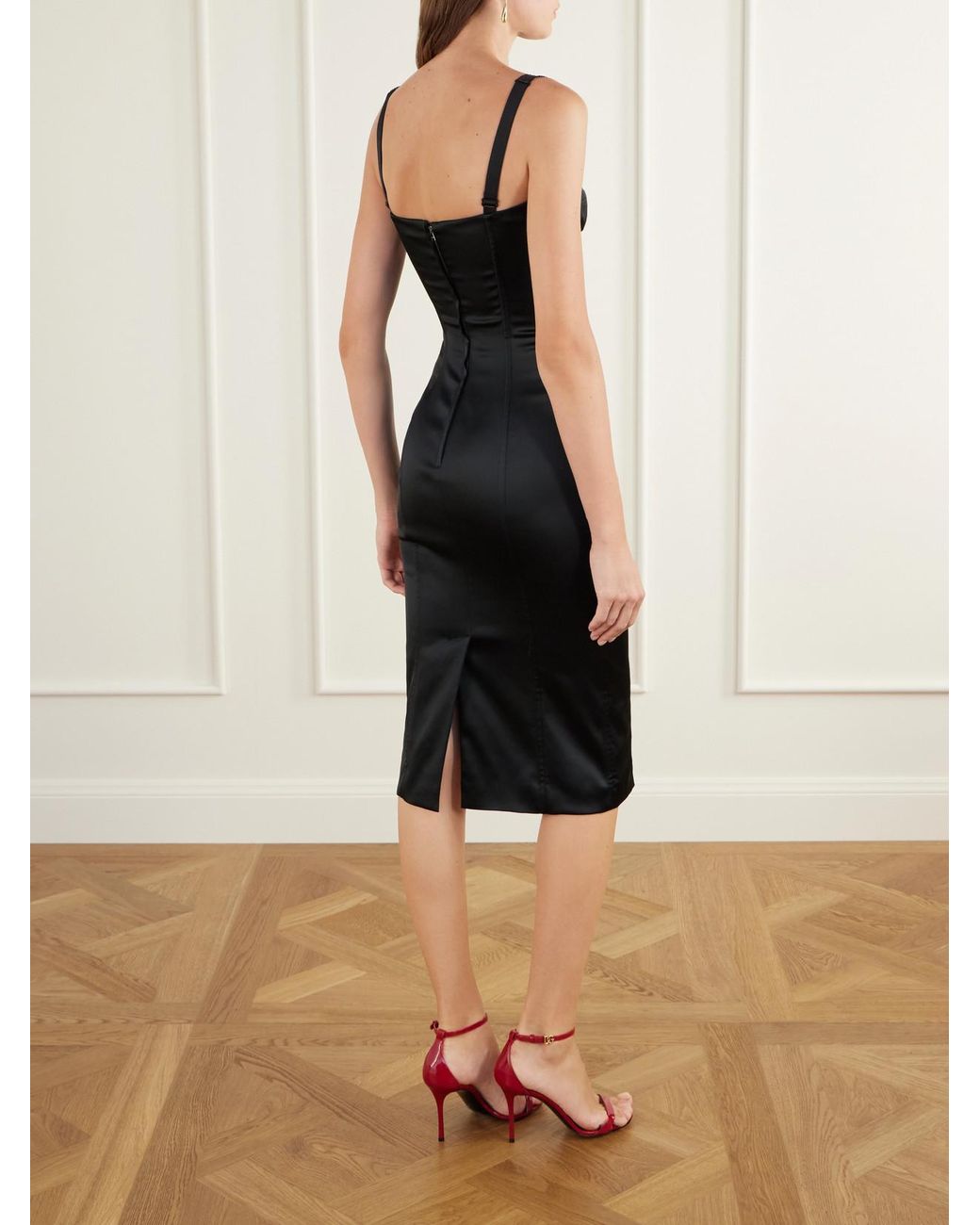 Dolce & Gabbana Black Paneled Satin Bustier Midi Dress