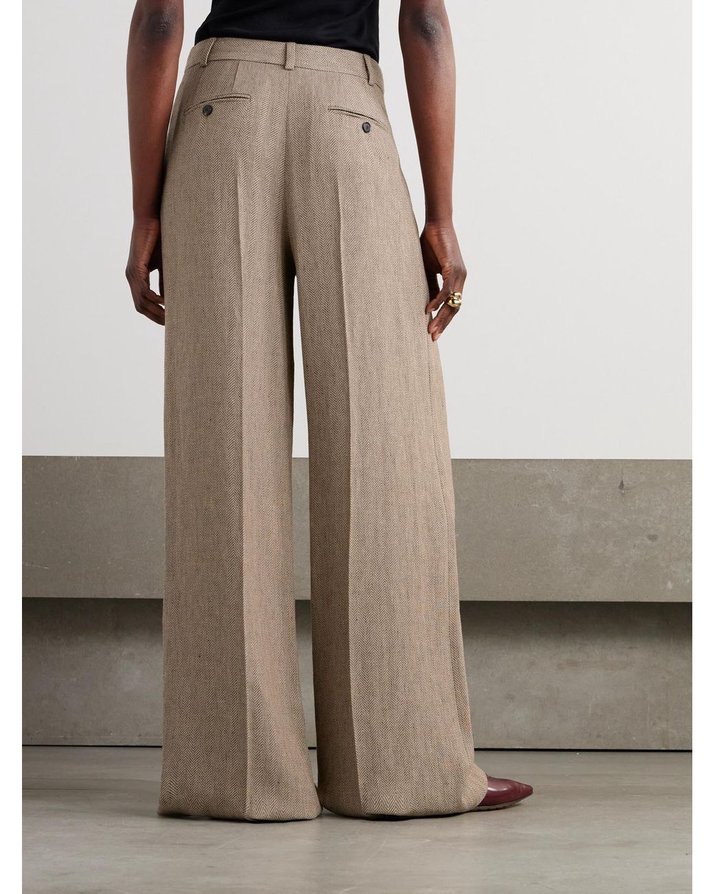 Loro Piana White Nyack Pleated Herringbone Linen Wide-Leg Pants