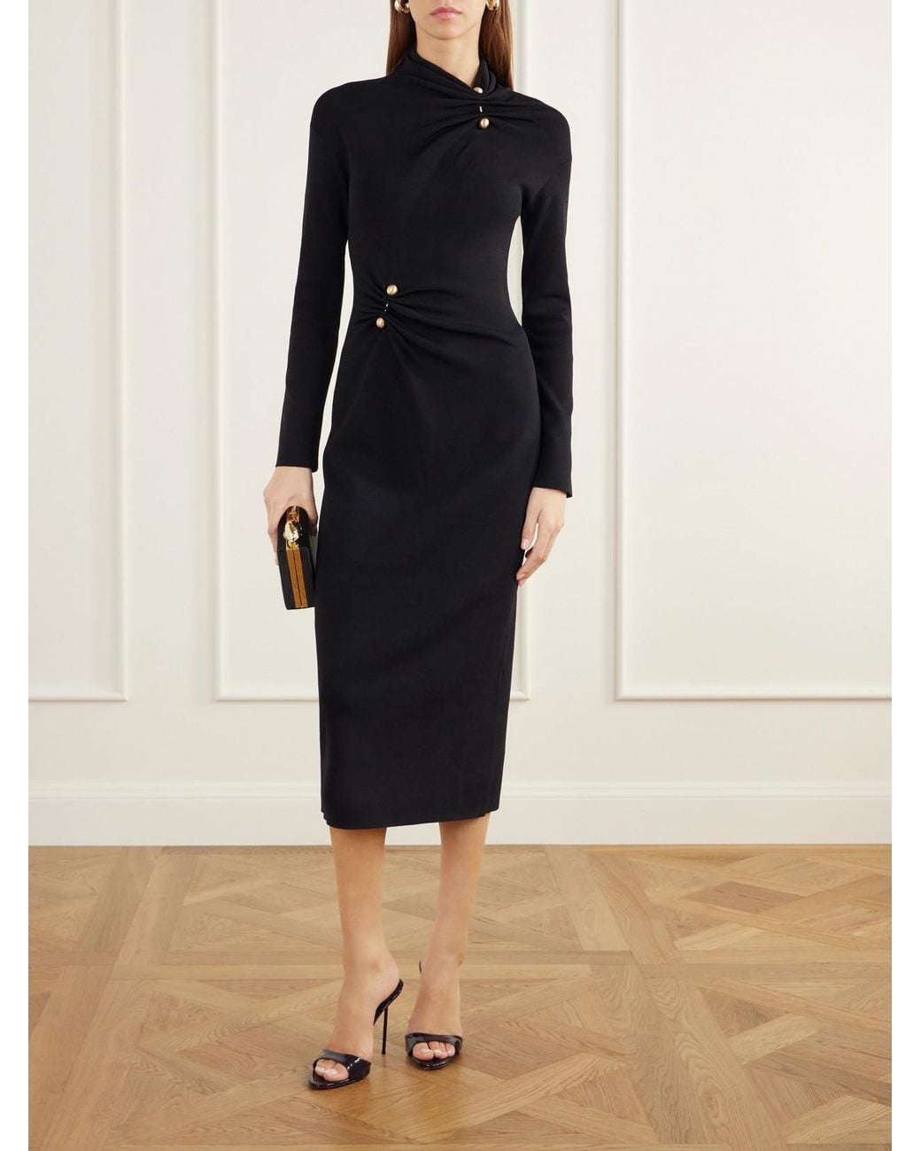 Cult Gaia Black Vera Embellished Gathered Jersey Midi Dress