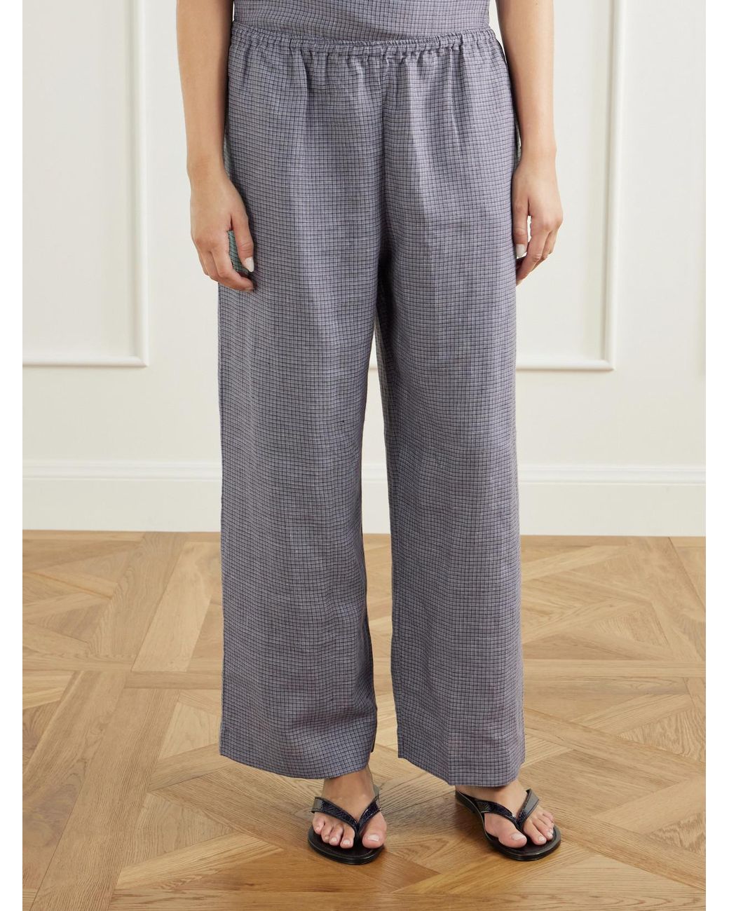 Deiji Studios Gray Ease Checked Linen Straight-Leg Pants