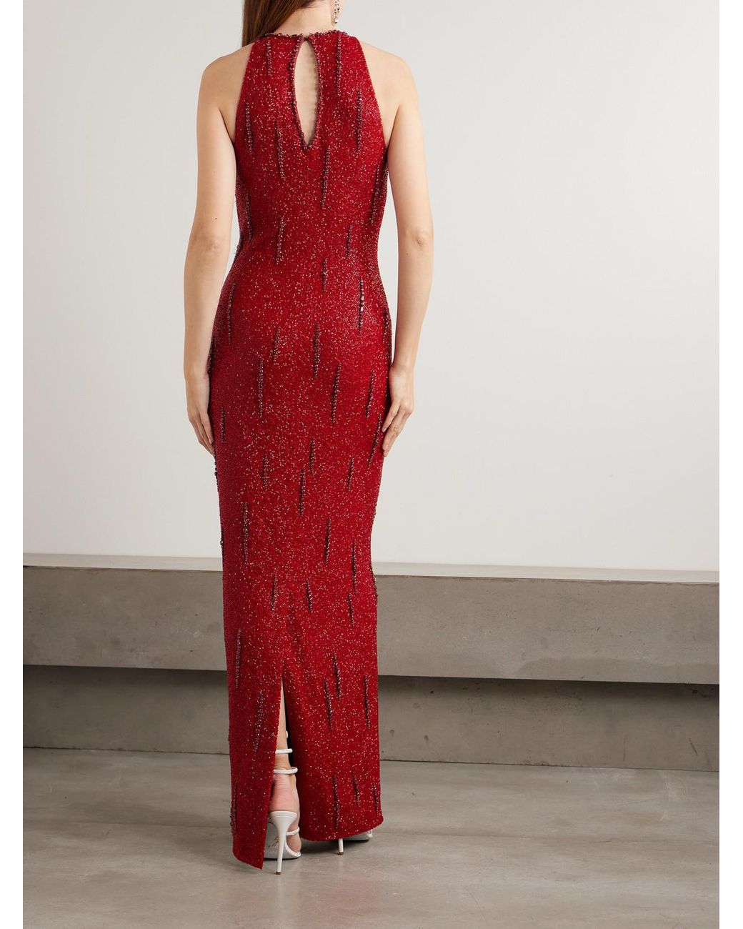 Clio Peppiatt Red Mimosa Embellished Stretch-Mesh Gown