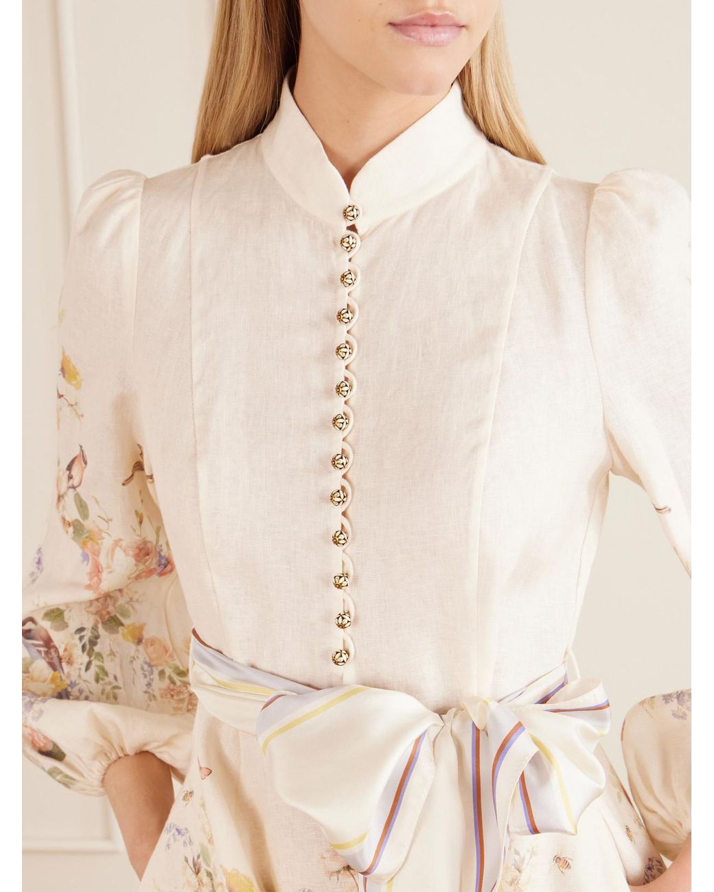 Zimmermann Natural Valiant Belted Floral-Print Linen Mini Dress