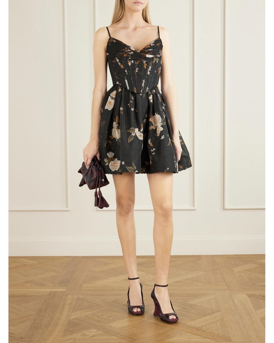Zimmermann Black Valiant Floral-Print Linen And Silk-Blend Corset Mini Dress