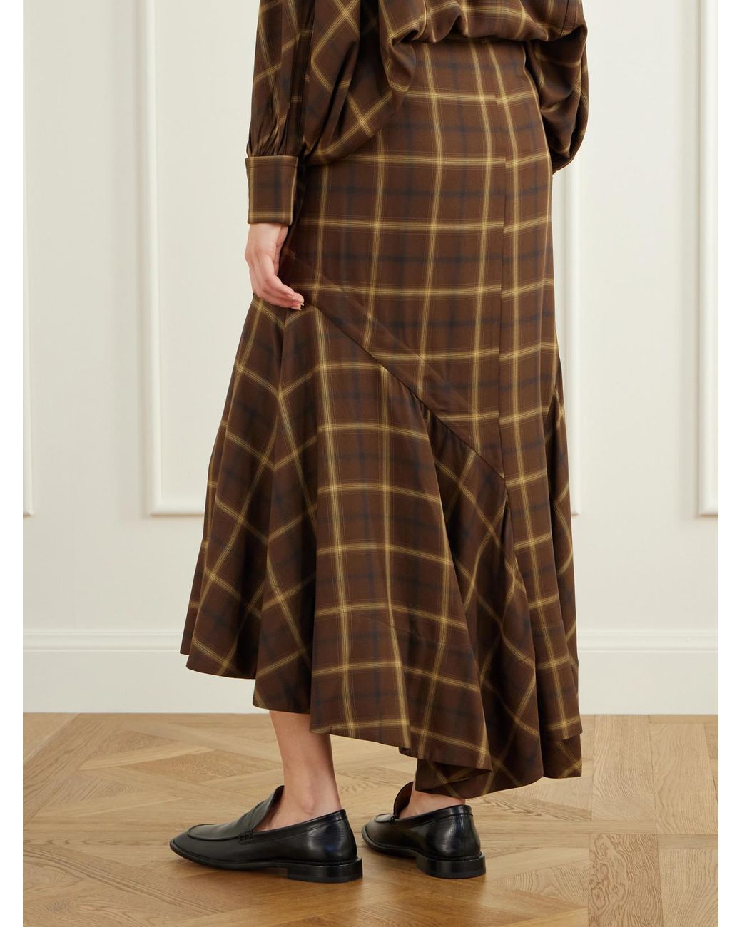 Co. Brown Slash Checked Crepe Midi Skirt