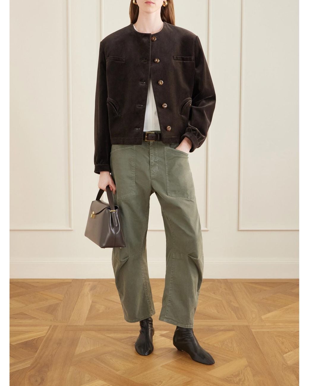 Nili Lotan Green Shon Cotton-Blend Twill Barrel-Leg Pants
