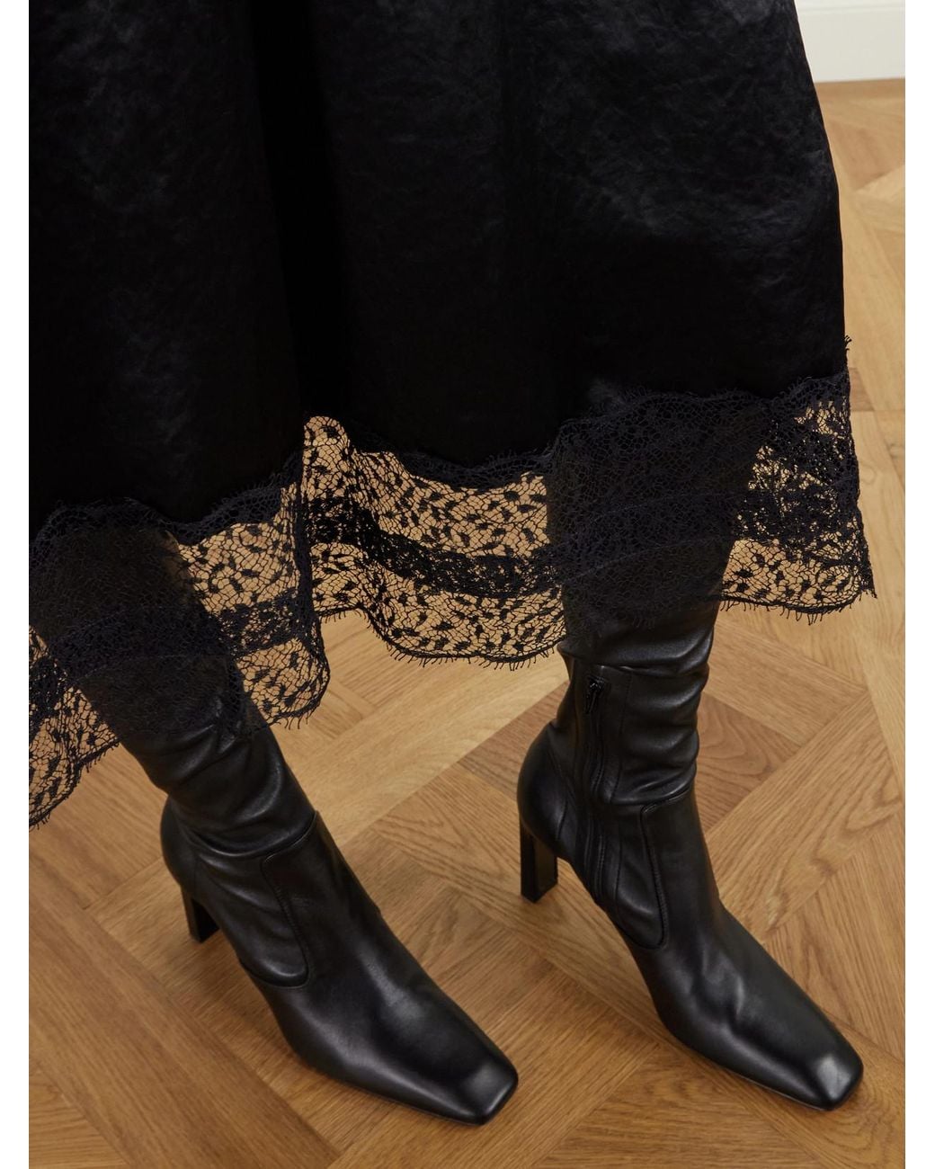 Maria McManus Black Gathered Lace-Trimmed Crinkled Satin Midi Skirt