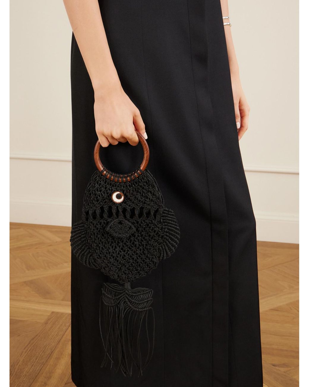 Anya Hindmarch Black Macrame Leather-Trimmed Cotton Clutch