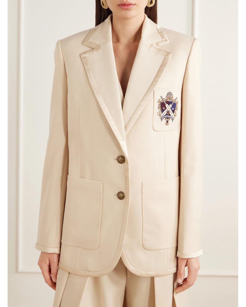 Zimmermann Natural Valiant Logo-Embroidered Satin-Trimmed Wool-Blend Cady Blazer